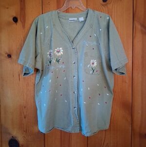 Vintage Sun Belt Denim Raglan Button Down Shirt With Floral/Ladybug Applique